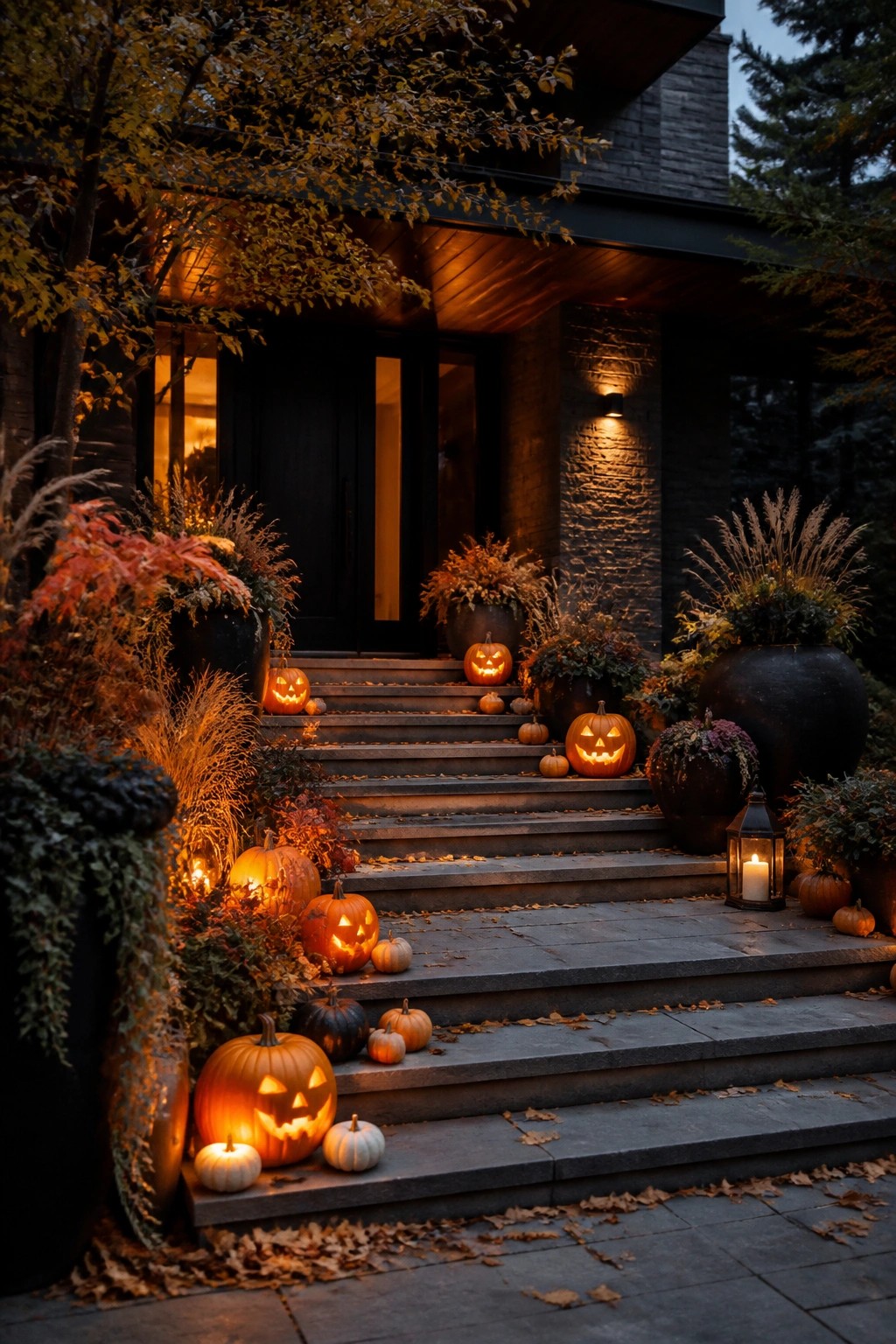 Front entrance with multiple carved and lit jack o' lanterns placed on the stone steps leading to a dark door, surrounded by potted plants.