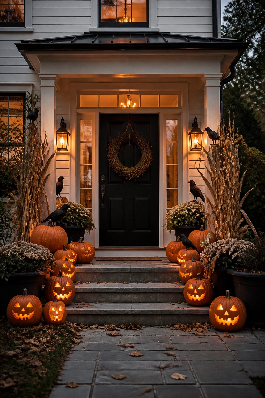 House entrance with many carved and glowing jack-o'-lanterns arranged on the steps and ground around a black front door.