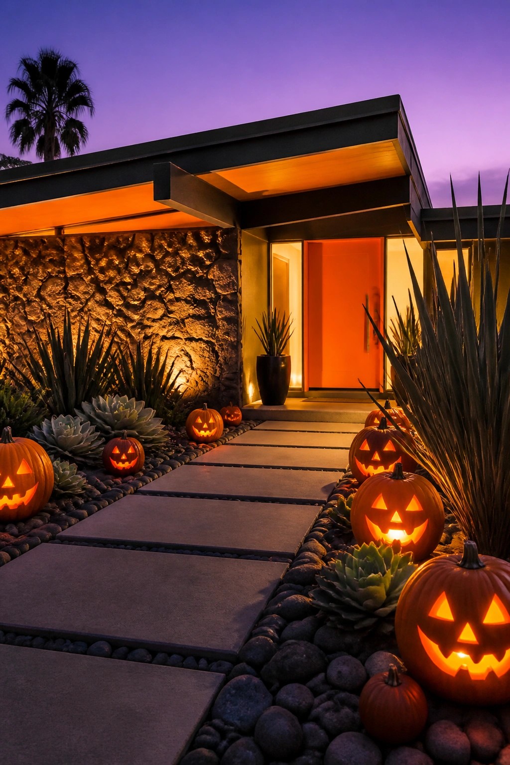 Glowing jack-o'-lanterns line pebble path to modern house with orange door at dusk.