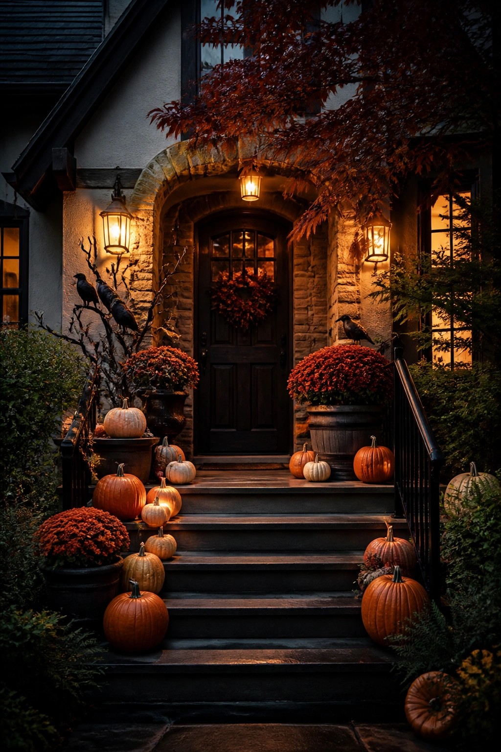 Front entrance steps lined with orange and white pumpkins, lanterns, red mums, and black crows on bare branches around a dark wooden door.