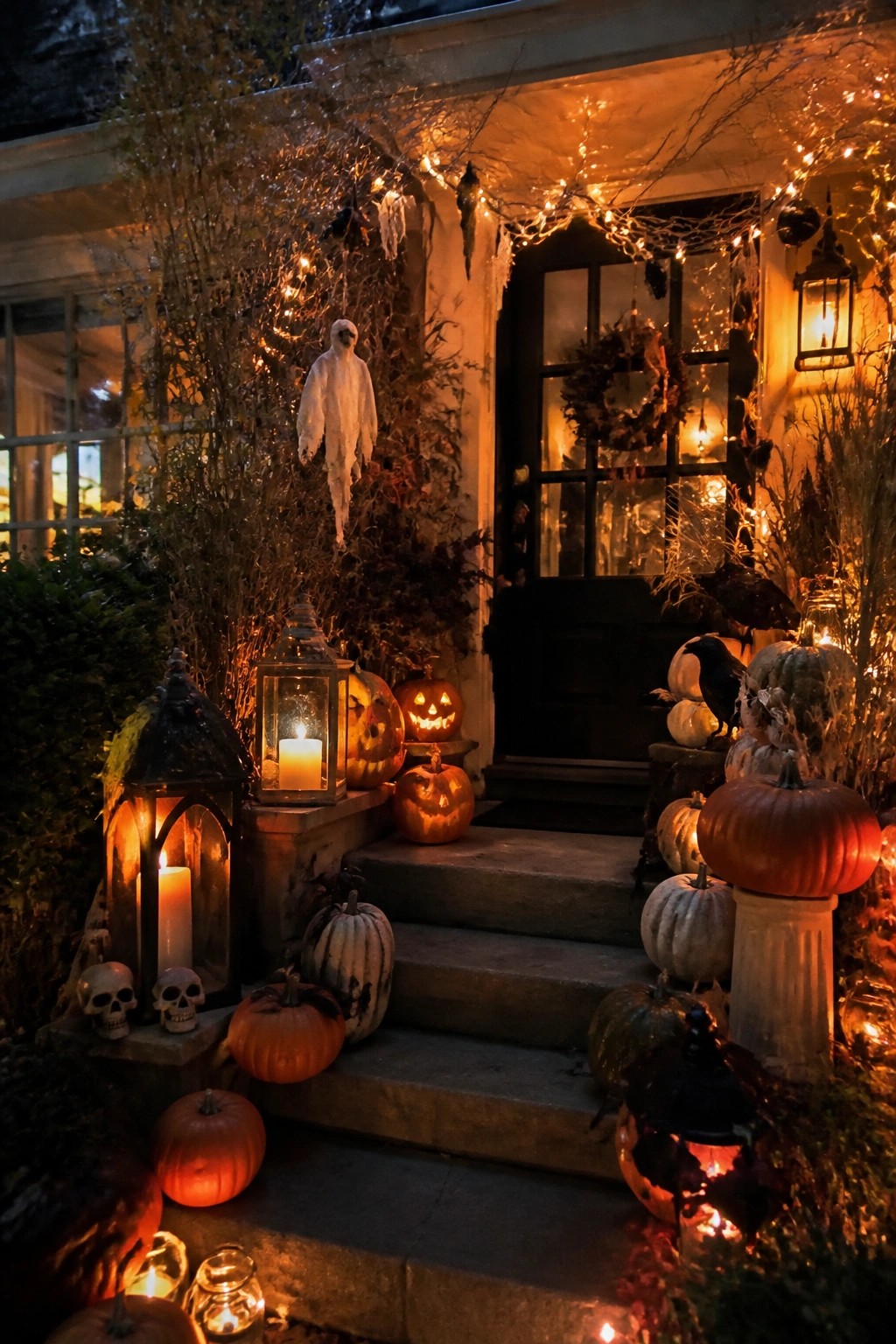 Front entrance at night with a white hanging ghost figure, carved jack-o'-lanterns, black lanterns, and pumpkins arranged on the steps and around a dark door.