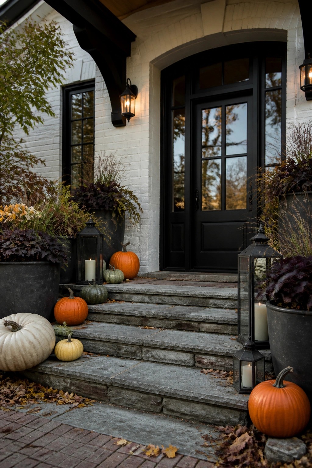 Stone steps at a house entrance lined with orange, white, green, and yellow pumpkins and black lanterns beside large planters.