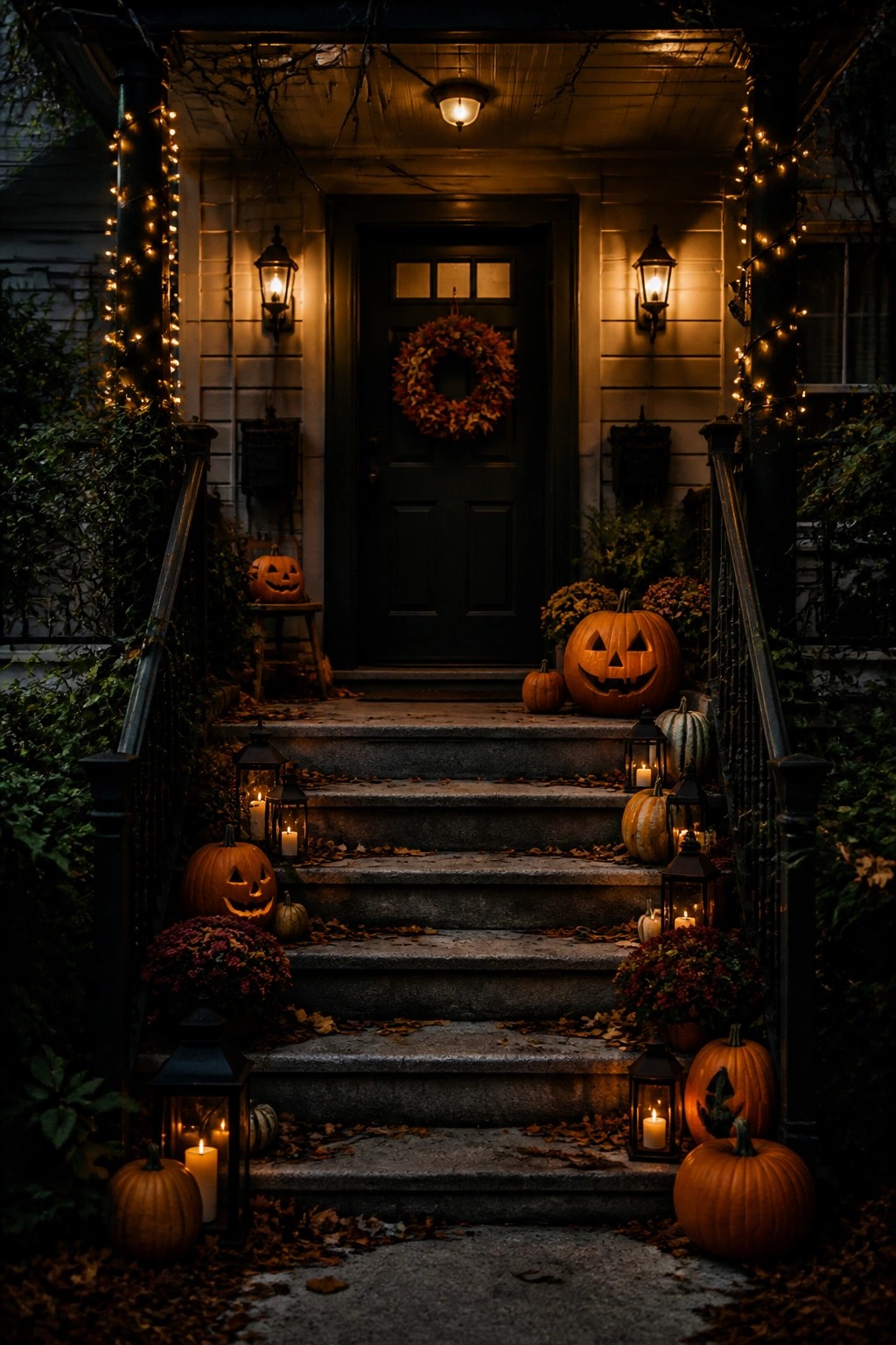 Front porch staircase lined with carved jack-o'-lanterns, glowing lanterns, and pumpkins leading to a dark front door.
