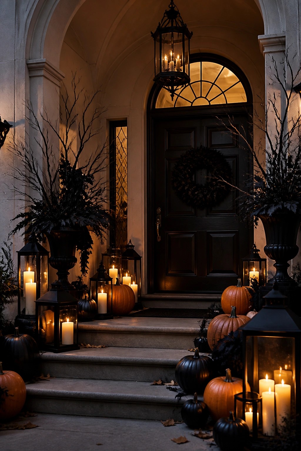 Front entrance steps lined with black lanterns holding lit candles and scattered orange and black pumpkins leading to a dark door with a wreath.