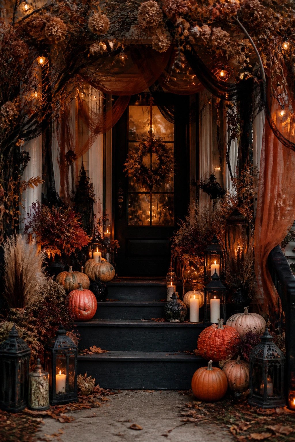 Front porch steps lined with glowing black lanterns and assorted pumpkins leading to a dark door framed with dried foliage and string lights.