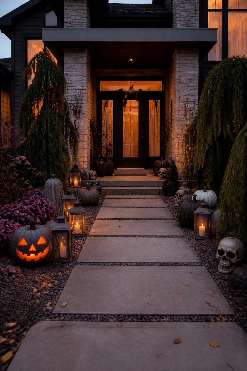 Stone walkway lined with glowing carved pumpkins, skulls, and lanterns leading to a front door decorated for Halloween.