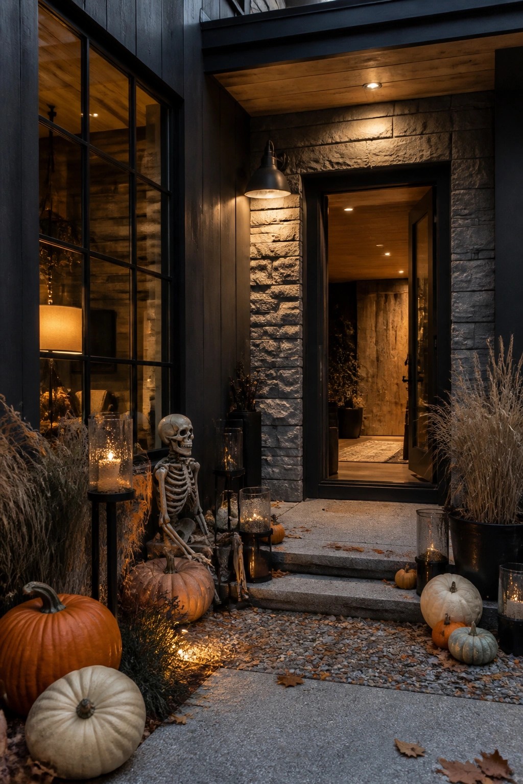 Halloween entryway with skeleton, pumpkins, candles, and open modern house door