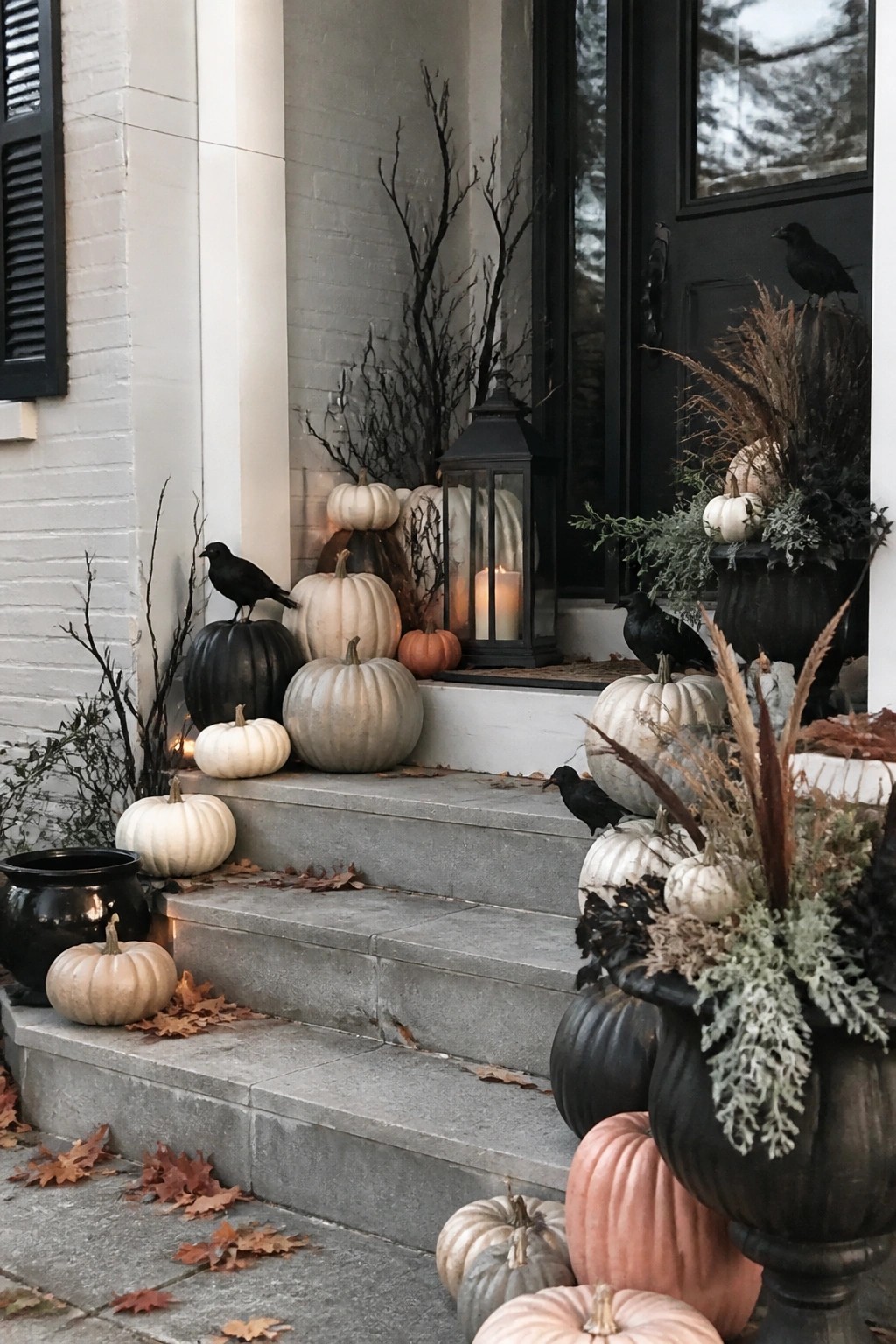 Front entrance steps lined with black, white, and pale pumpkins, black crows perched on the steps and planters, and bare branches beside a lit lantern.