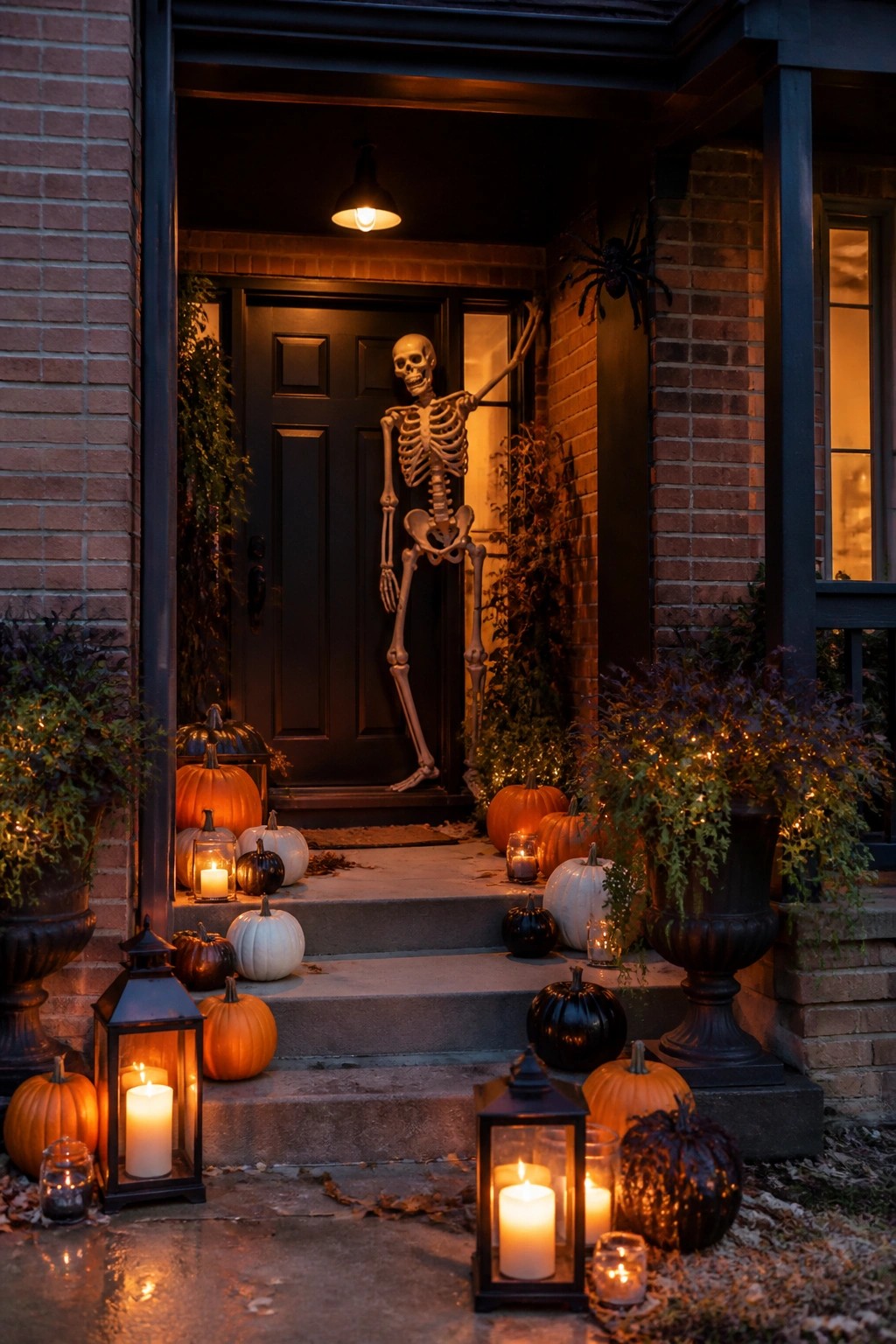 Skeleton on brick porch steps with pumpkins, glowing lanterns, spider, and string lights