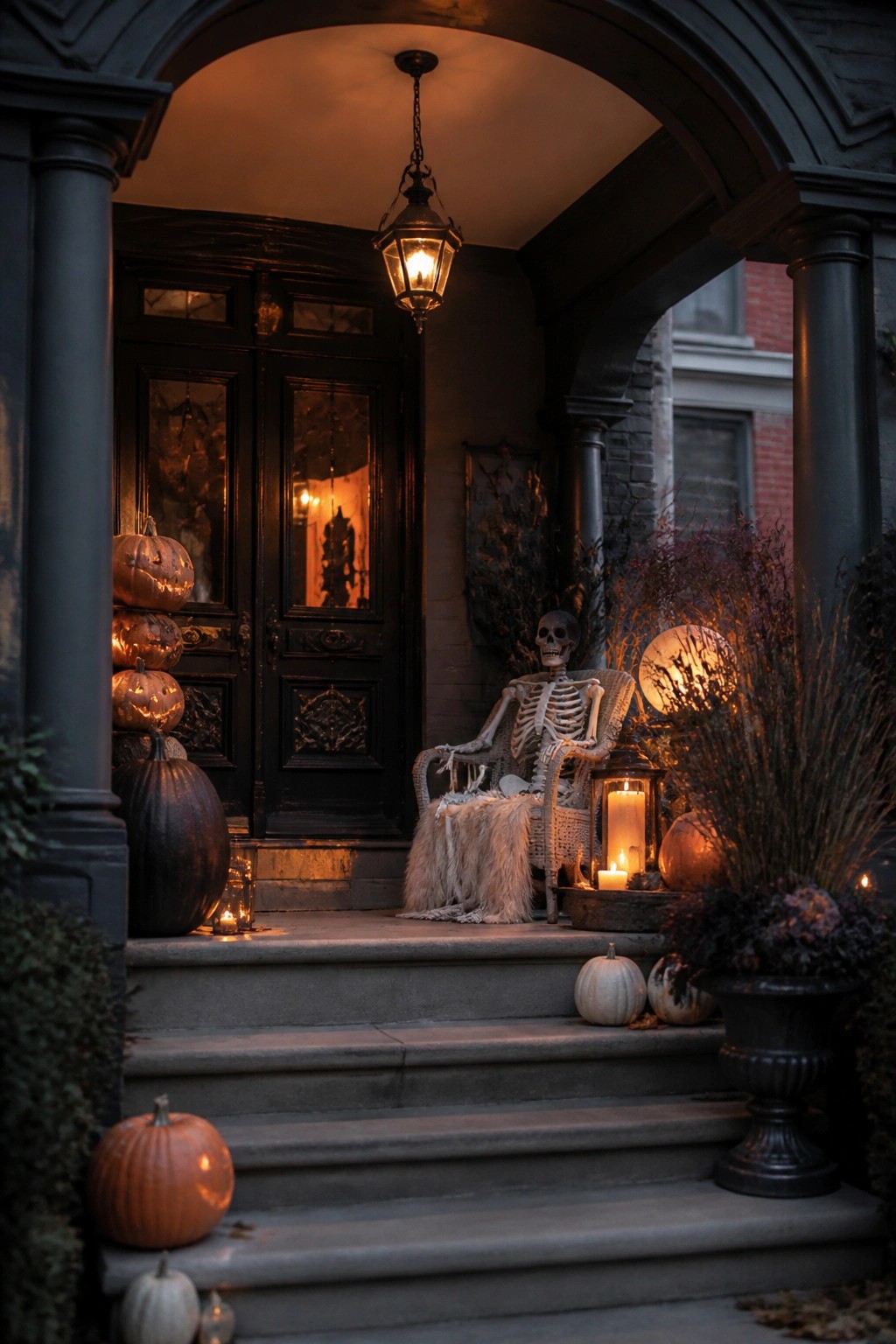 A skeleton seated in a wicker chair on the steps of a decorated front porch with pumpkins and lanterns nearby.