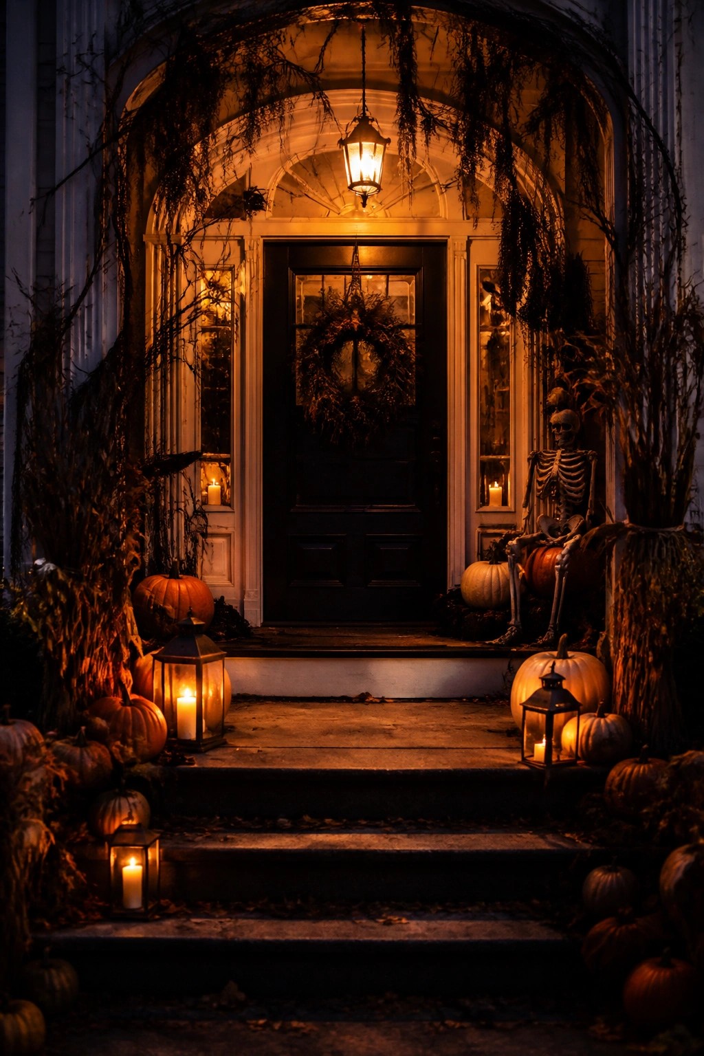Front entrance with a skeleton seated on the steps among pumpkins and lanterns leading to a dark door with a wreath.