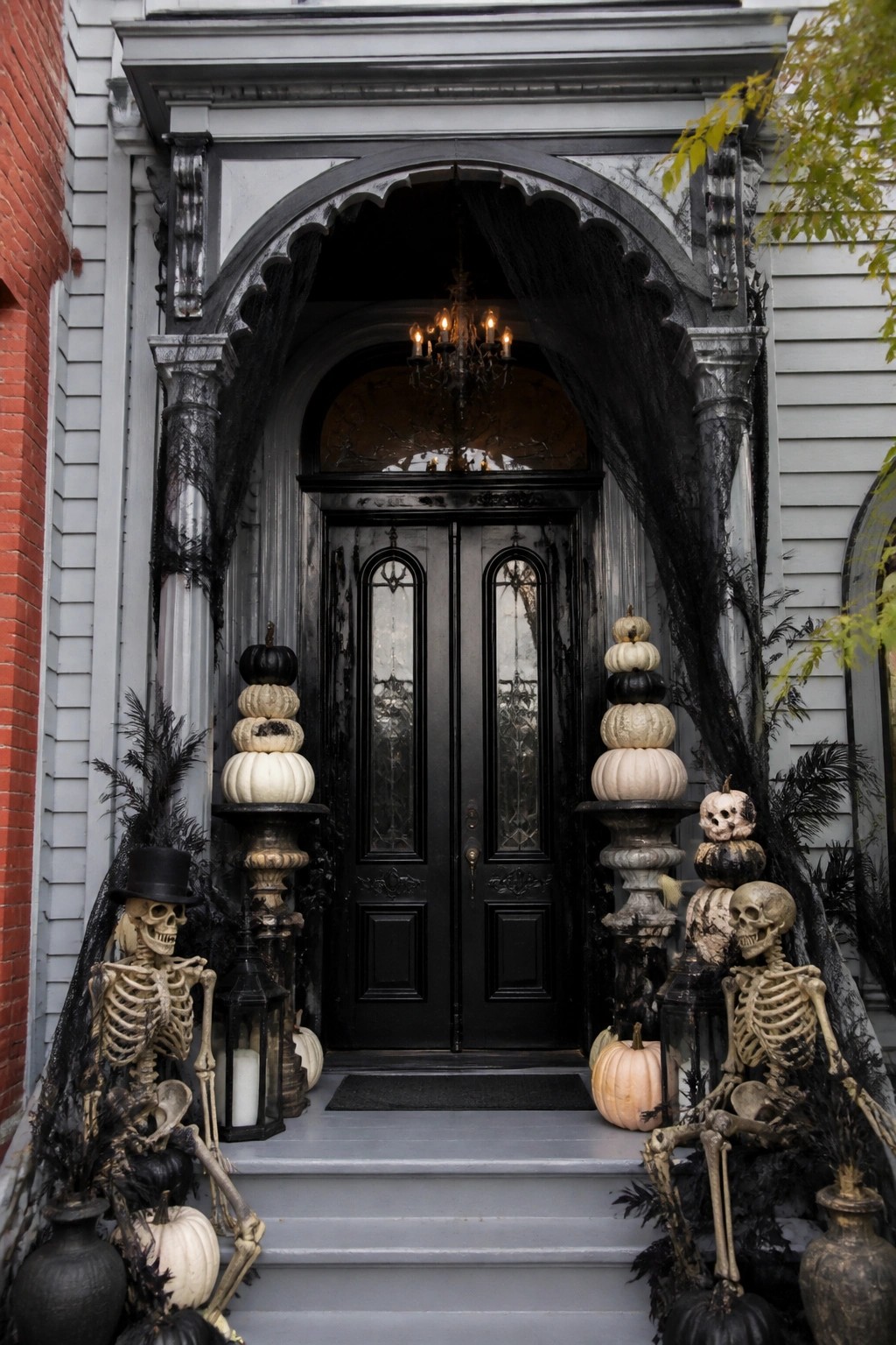 Black front door entrance decorated with multiple posed skeletons, stacked white and black pumpkins on pedestals, black lanterns, and dark fabric draped around the columns.