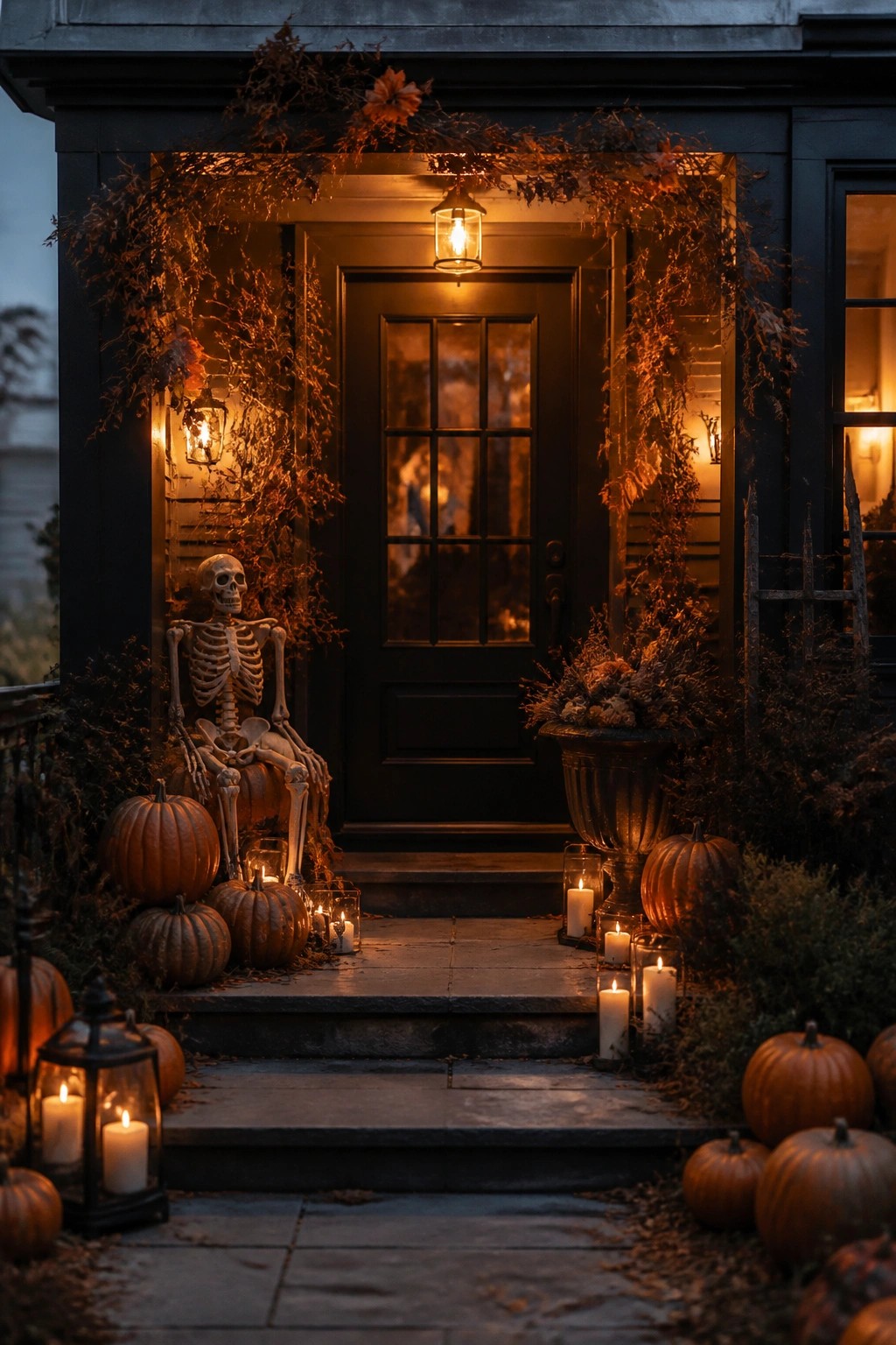 Front porch at night with a skeleton seated among pumpkins beside a dark door, surrounded by candles and lanterns.