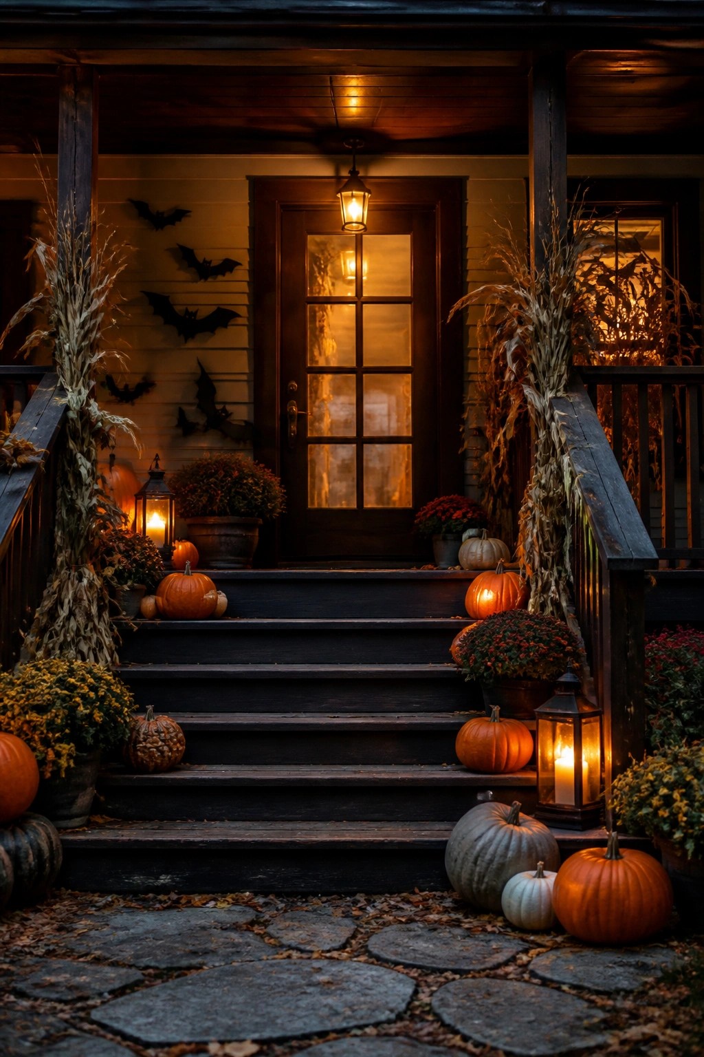 Halloween porch with pumpkins, lanterns, corn stalks, mums, and bat decorations at night