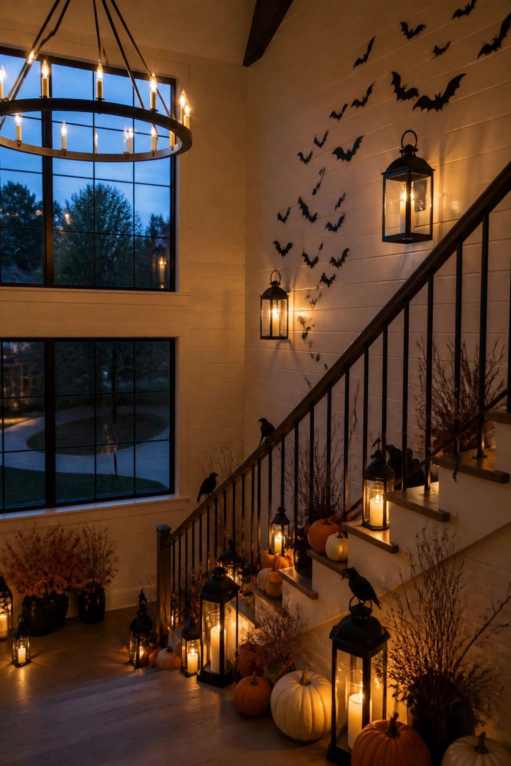Staircase with black bat cutouts arranged on the wall, black lanterns, pumpkins, and crows placed along the steps.