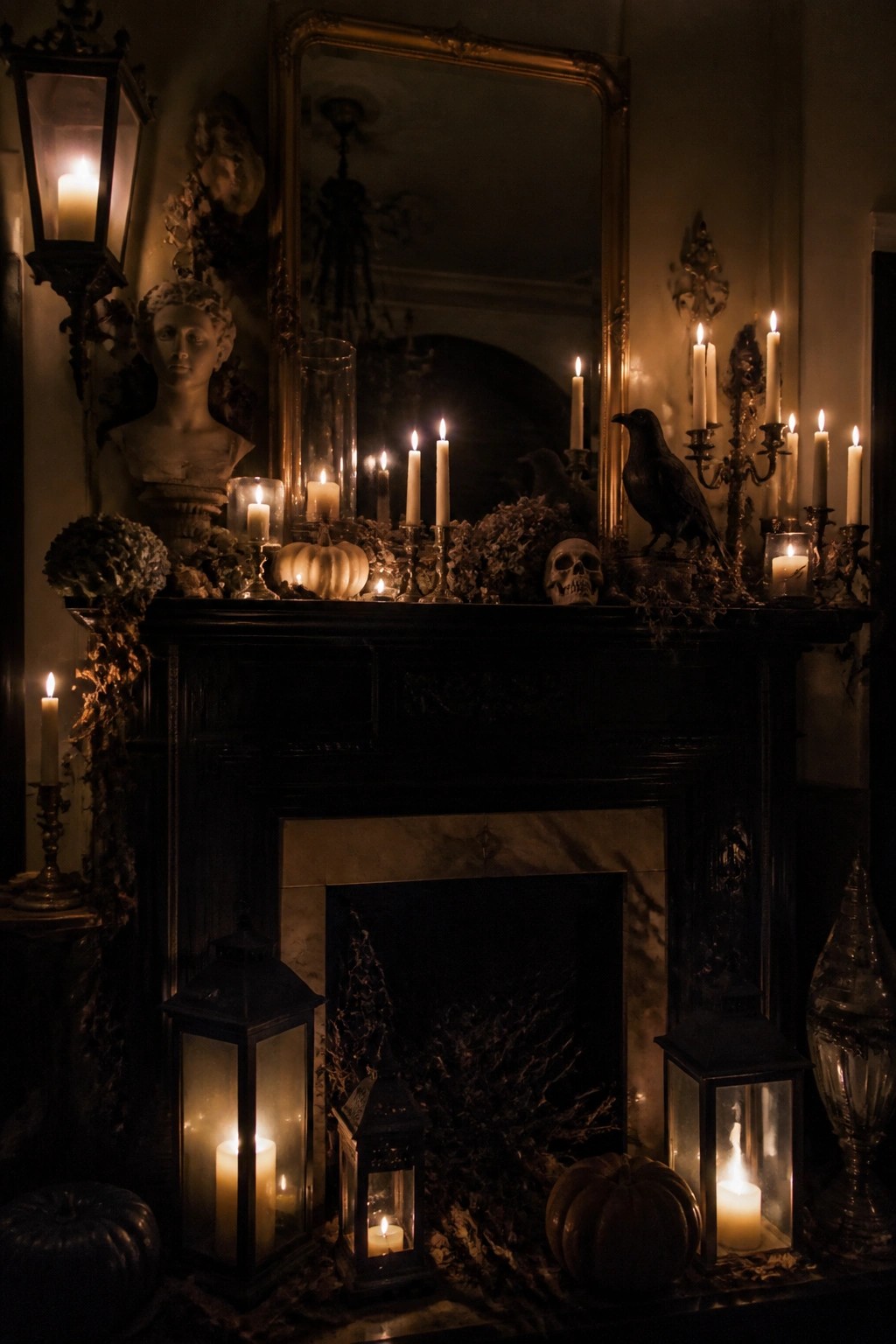 A dark fireplace mantel decorated with white candles, skulls, black crows, and small white pumpkins.
