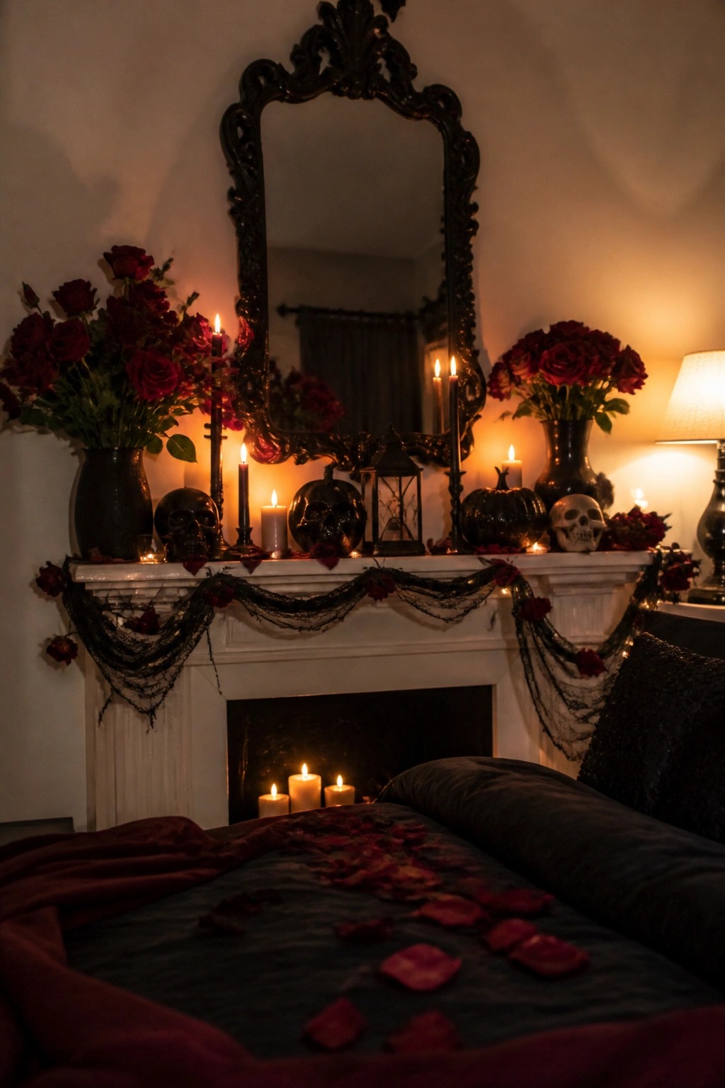 White fireplace mantel styled for Halloween with black skulls, black pumpkins, red roses, lit candles, and dark netting garland.