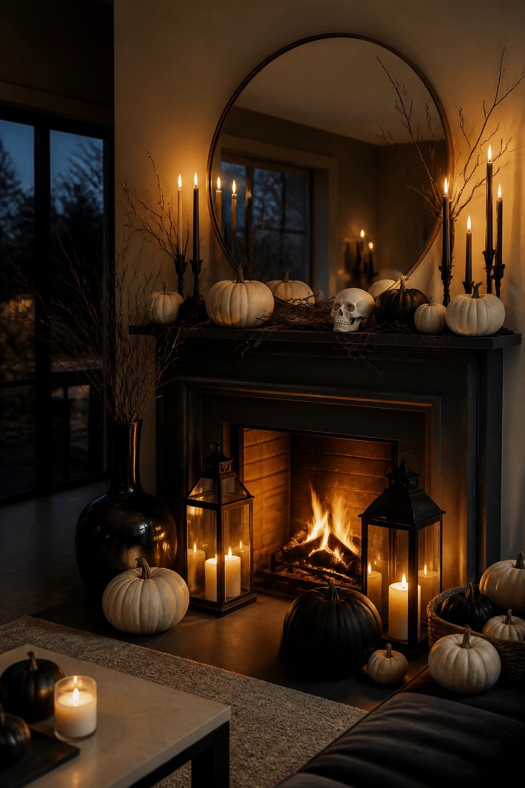 Fireplace mantel styled with white and black pumpkins, a skull, black taper candles, and branches for Halloween.