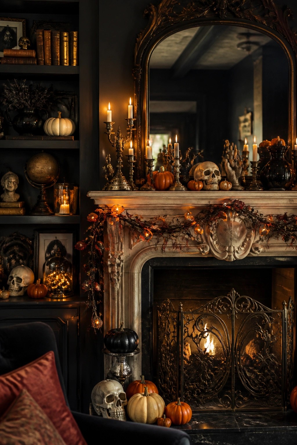 Fireplace mantel styled for Halloween with skulls, pumpkins, and multiple lit candles along the shelf.
