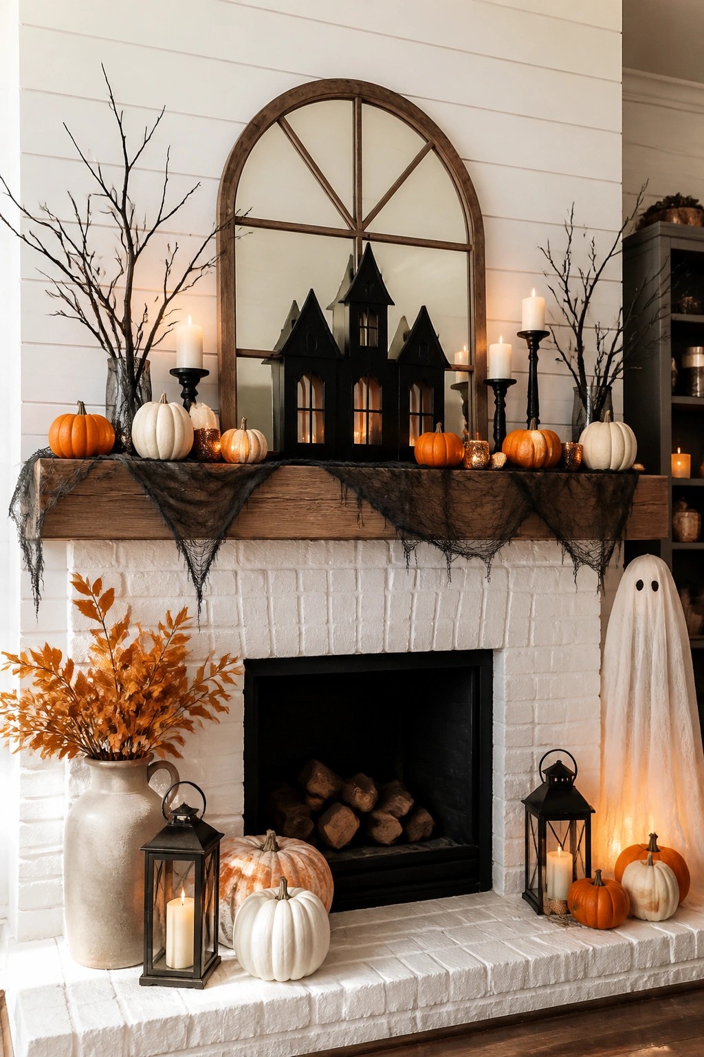 White brick fireplace with black haunted house lanterns, draped black fabric, pumpkins, and candles arranged on the wooden mantel.