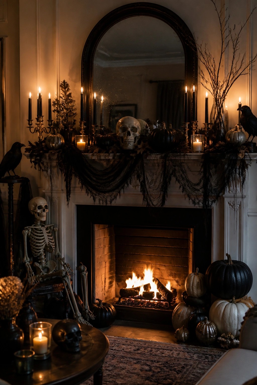 White fireplace mantel styled with skulls, black taper candles, black pumpkins, crows, and dark garland above a lit fire, with a seated skeleton visible to the left.