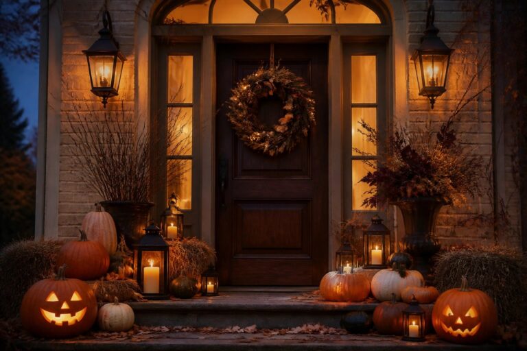Halloween porch with pumpkins, lanterns, corn stalks, mums, and bat decorations at night