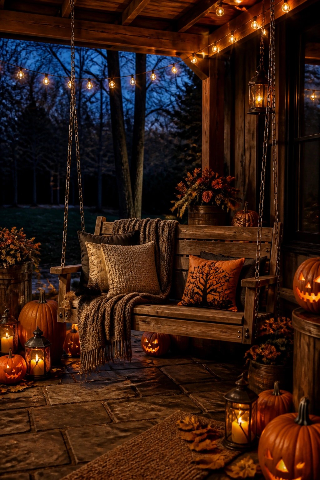 Wooden porch swing decorated with pillows and blankets, surrounded by carved jack o lanterns and lanterns on a stone porch at dusk.