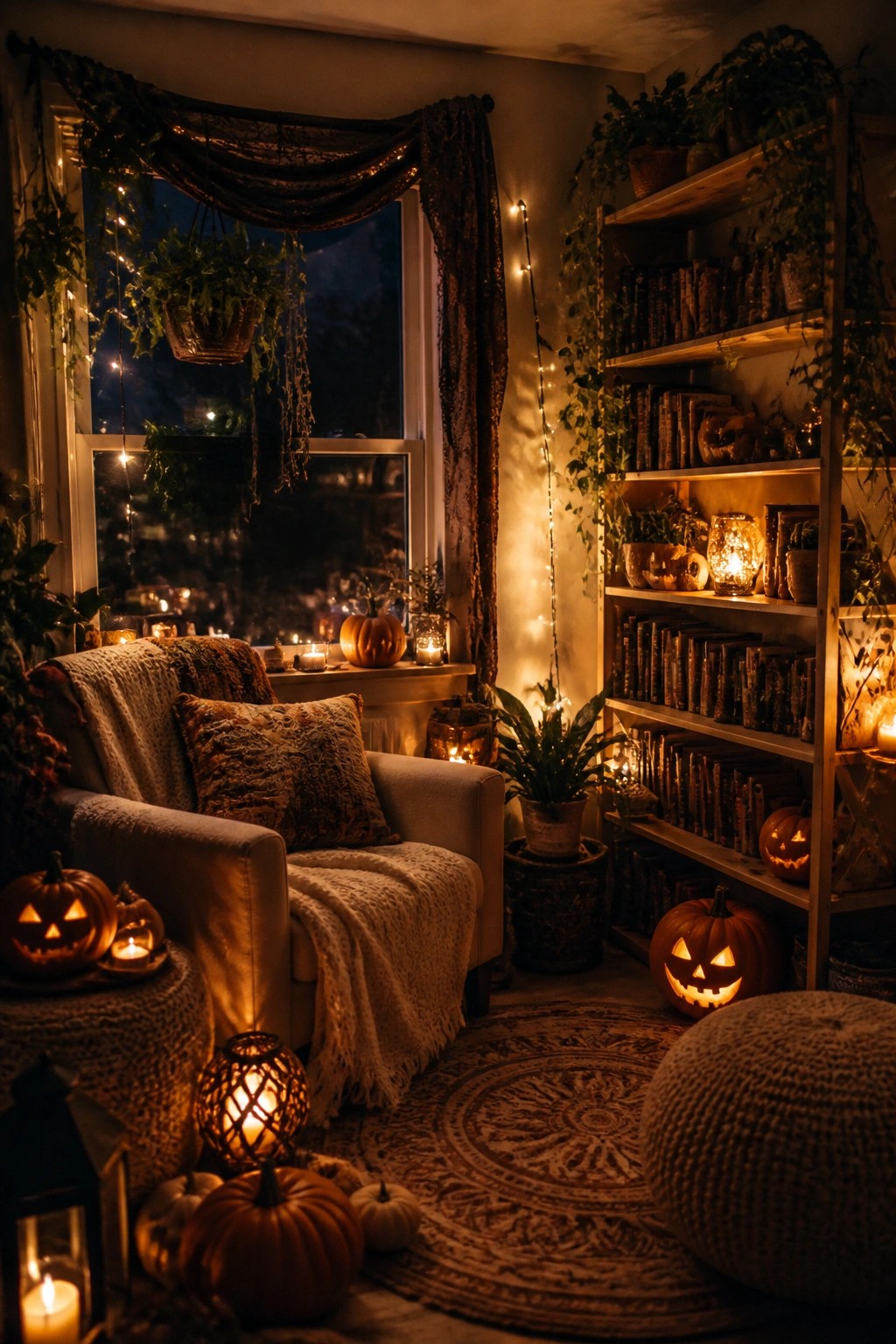 Living room corner with multiple carved jack-o'-lanterns placed around a window seat, armchair, and bookshelves.