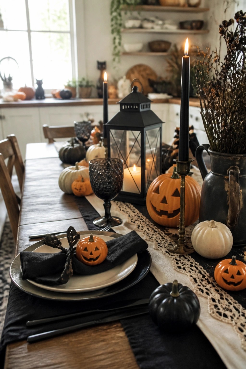 A wooden dining table decorated with carved jack o lanterns, black taper candles, a black lantern, and small pumpkins arranged along a black and lace runner.