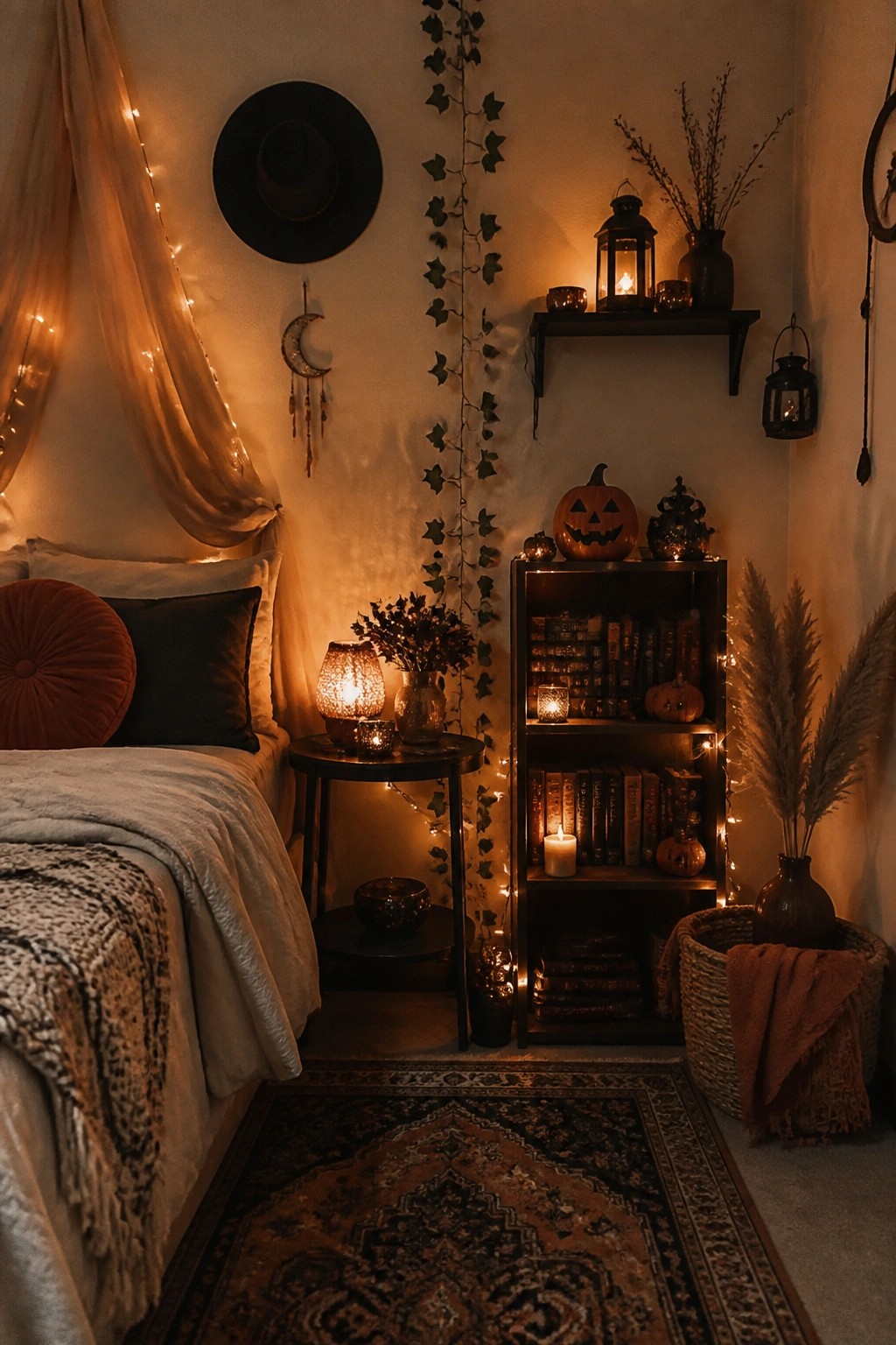 Cozy witchy bedroom with string lights, pumpkins, bookshelves, lanterns, and autumn decor.
