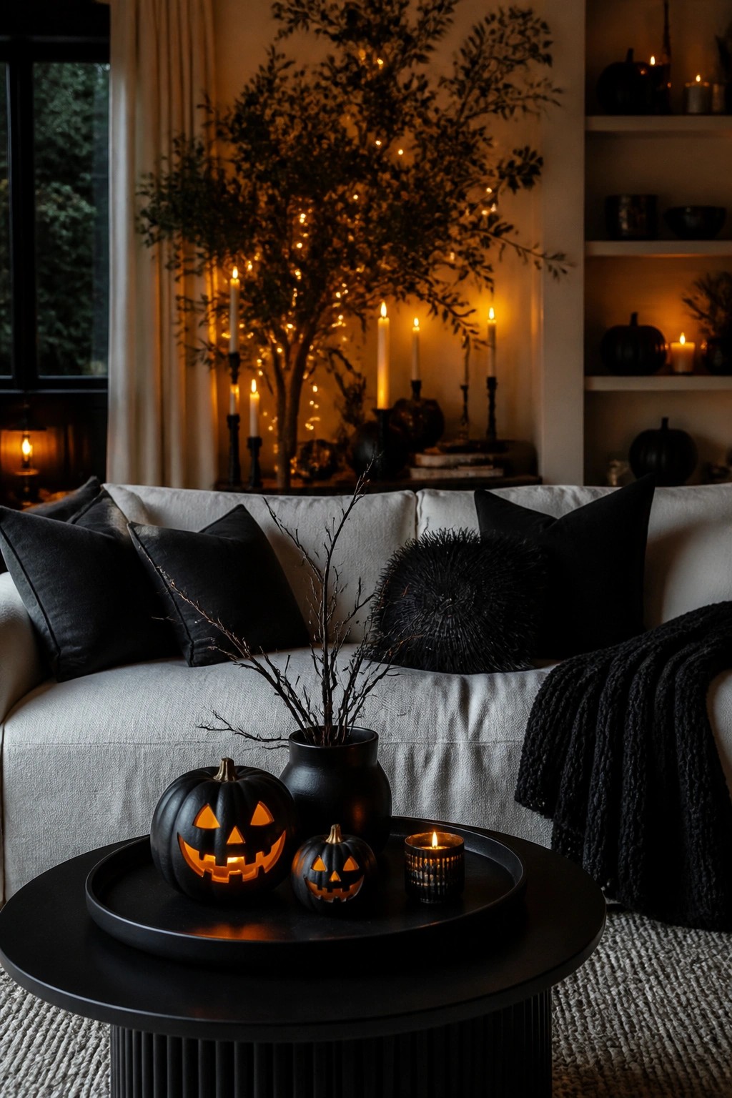 Living room coffee table with two carved and lit jack o' lanterns on a black tray in front of a white sofa with black pillows.