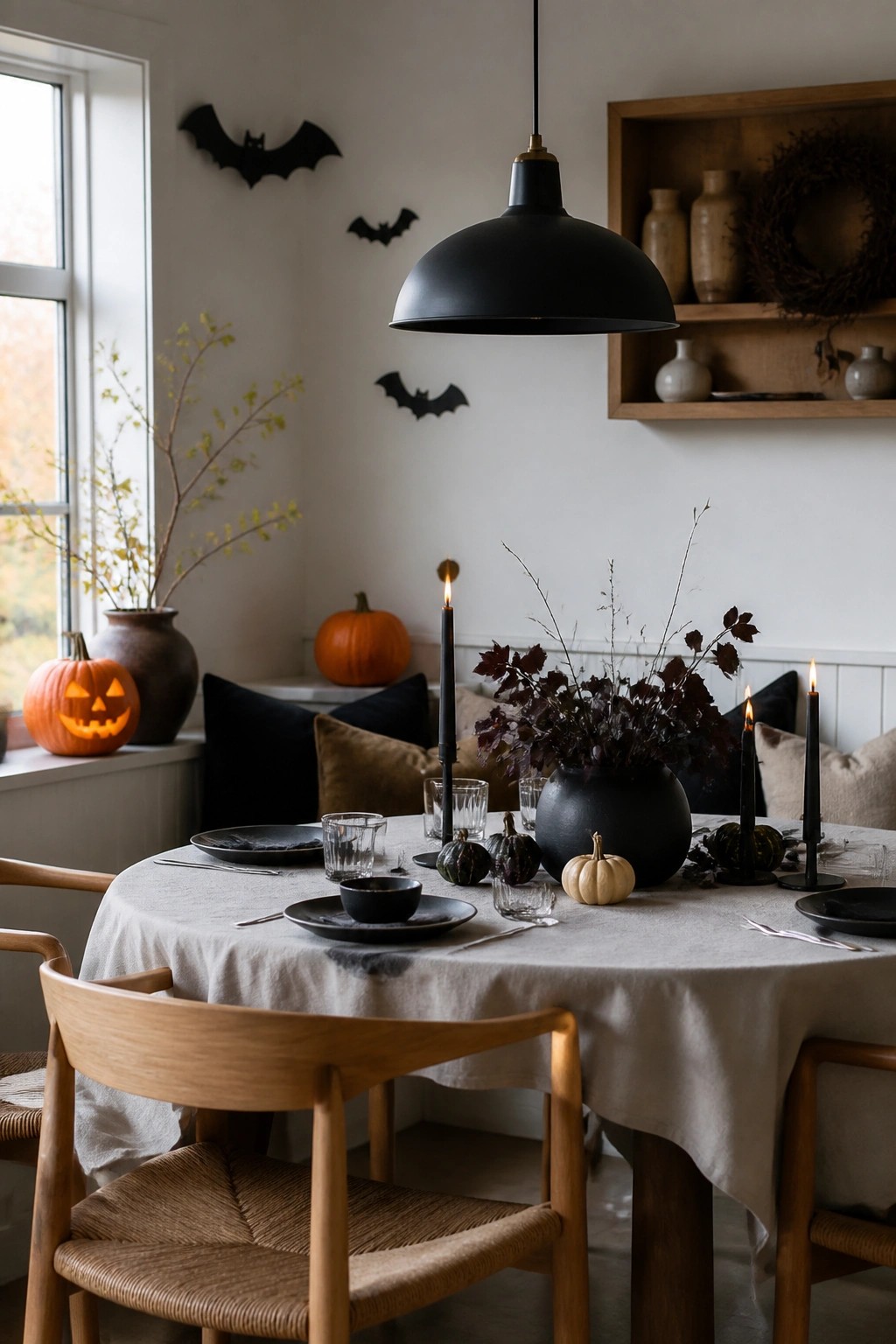 Dining room with a set table, black candles, small pumpkins, and black paper bats arranged on the wall above.
