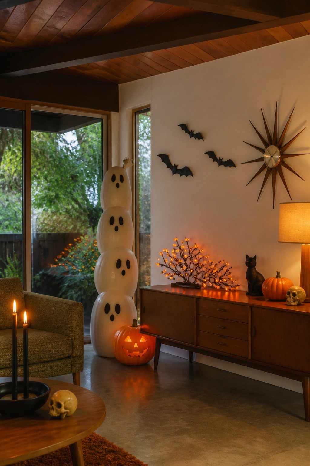 Living room corner with a tall stack of white ghost decorations, black bats on the wall, and a carved pumpkin on the floor.