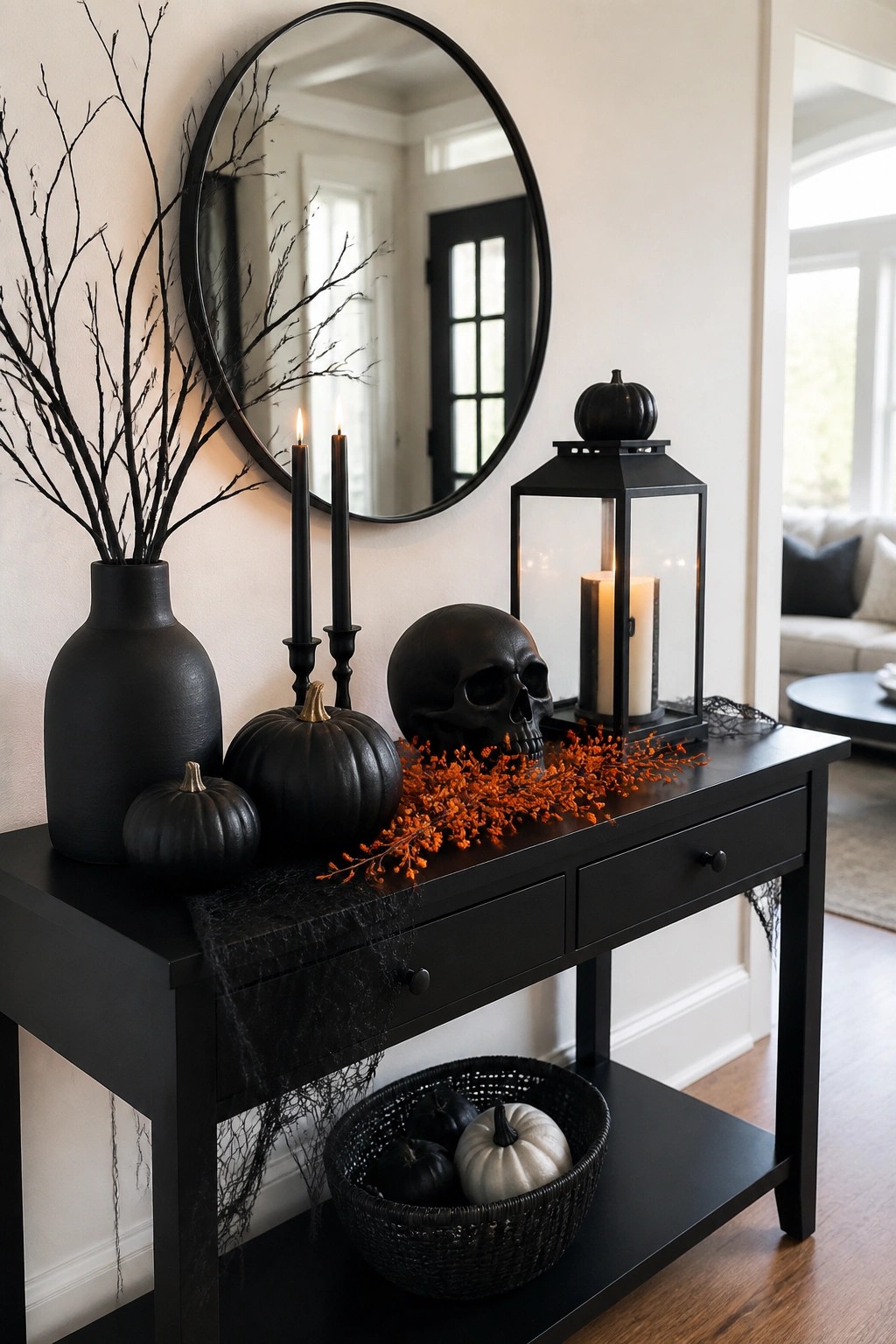 Black console table in an entryway styled with a large black skull, black pumpkins, bare branches in a vase, black candles, and a lantern.