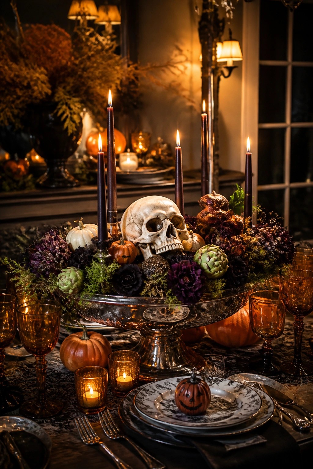 Dining table with a large silver bowl centerpiece featuring a skull surrounded by dark flowers, small pumpkins, and tall dark candles.