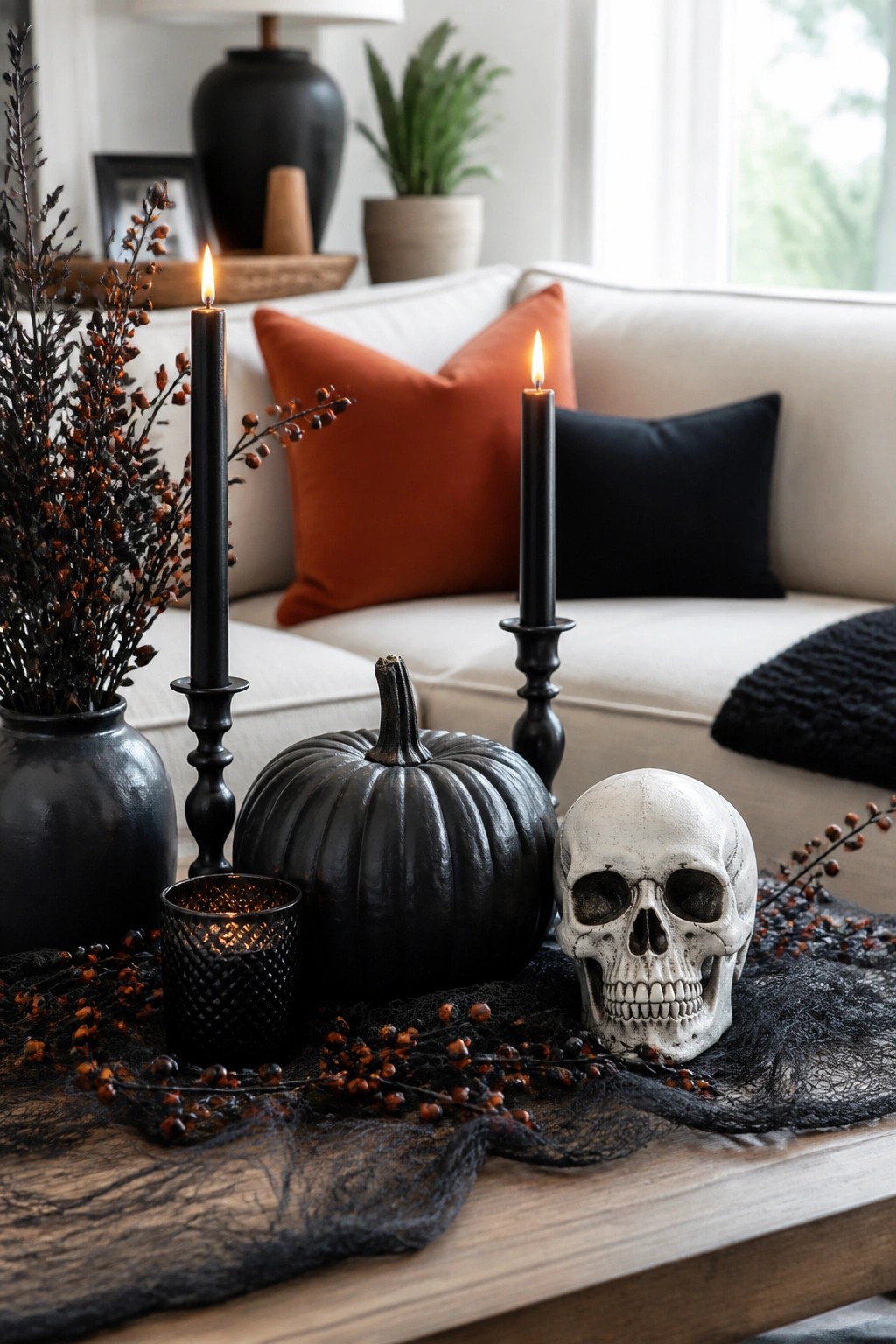 Halloween table with white skull, black pumpkin, lit candles, and dried branches.
