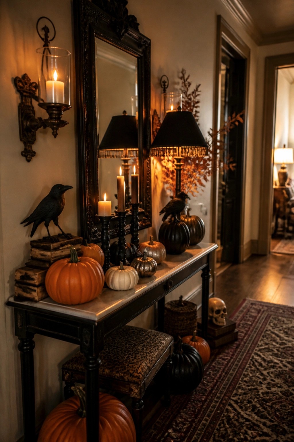 Entryway console table styled with black crows, skulls, black and metallic pumpkins, and candles in a dimly lit hallway.