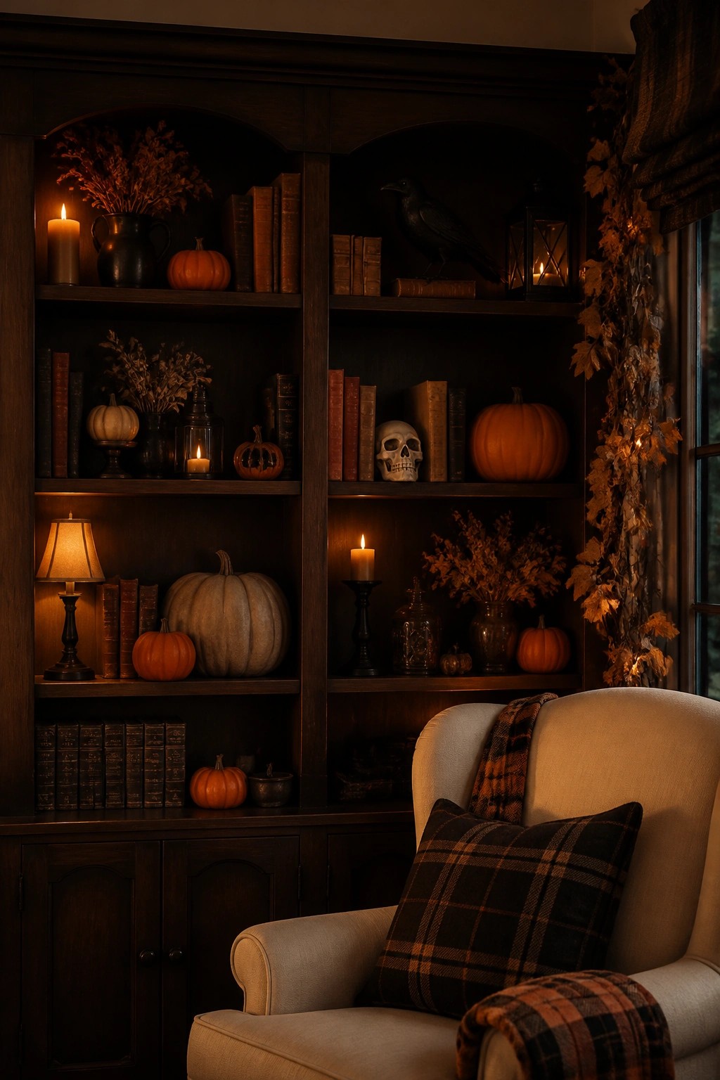 Cozy dark bookshelf with pumpkins, candles, skull, crow, books, and plaid armchair