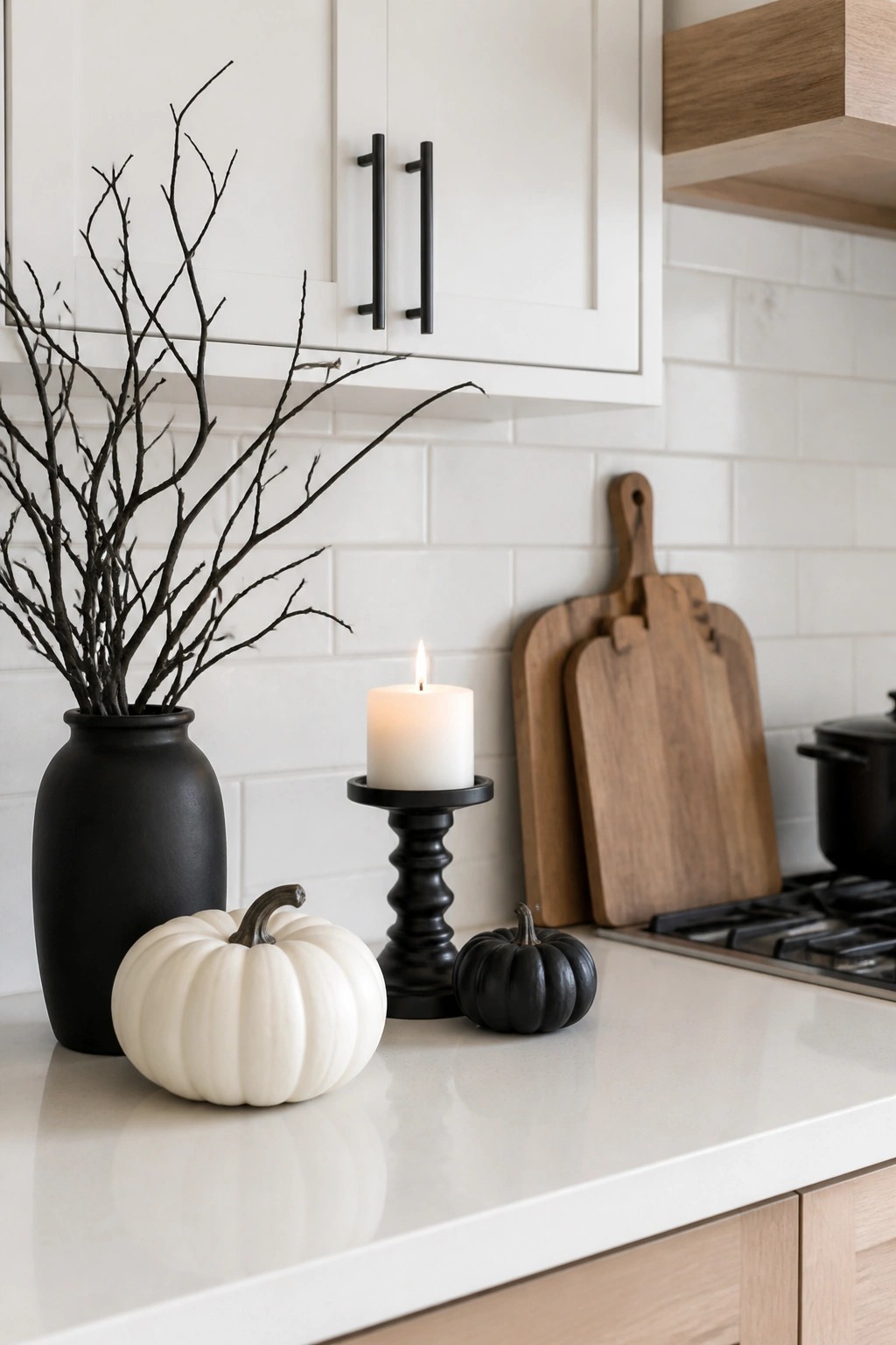 Black vase with branches, white pumpkin, lit candle, and black pumpkin on counter