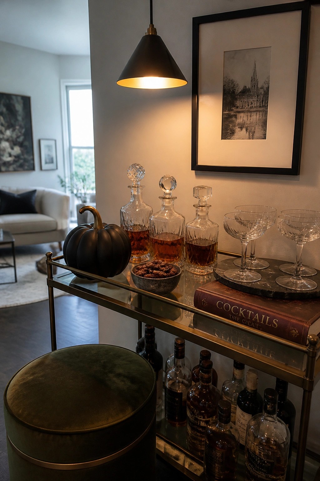 A brass bar cart in a living room holds several glass decanters filled with amber liquid, coupe glasses on a marble tray, a cocktail book, and a black pumpkin.