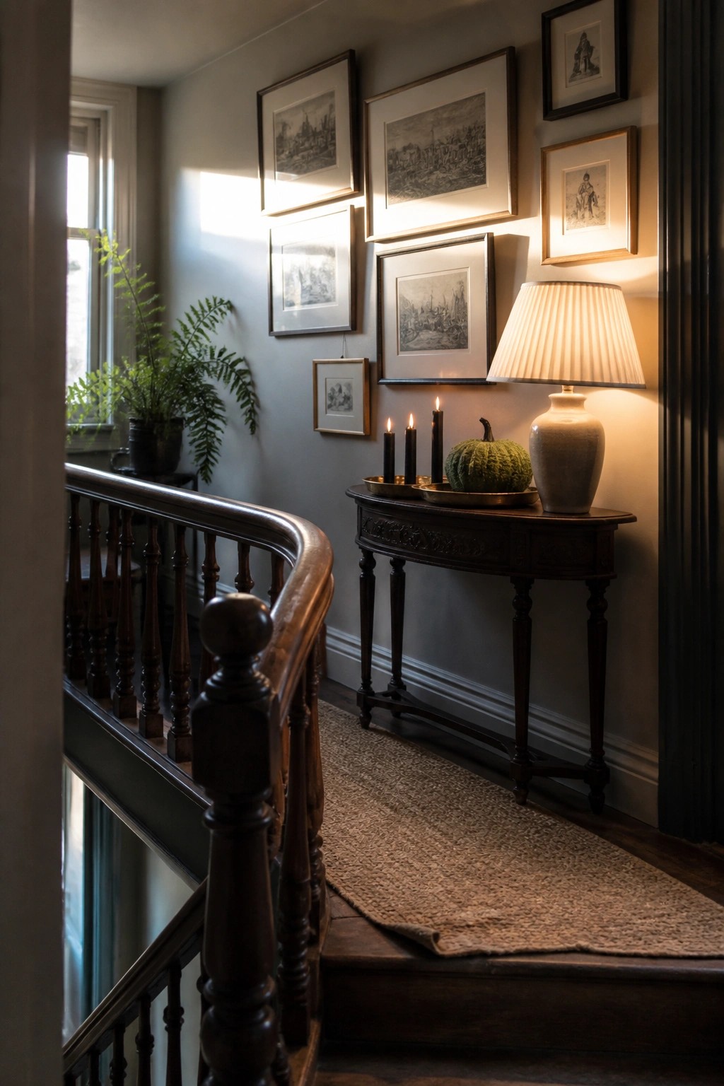 Wooden staircase with banister, rug, console table holding lamp, candles, and pumpkin under framed prints