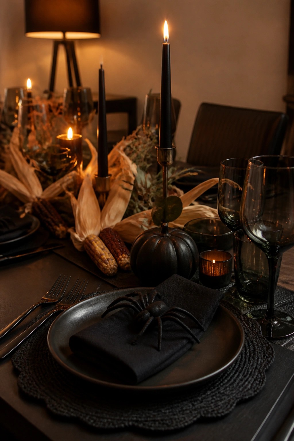 Dining table with black plates, folded napkins, and black plastic spiders at each seat, surrounded by black candles and a black pumpkin centerpiece.