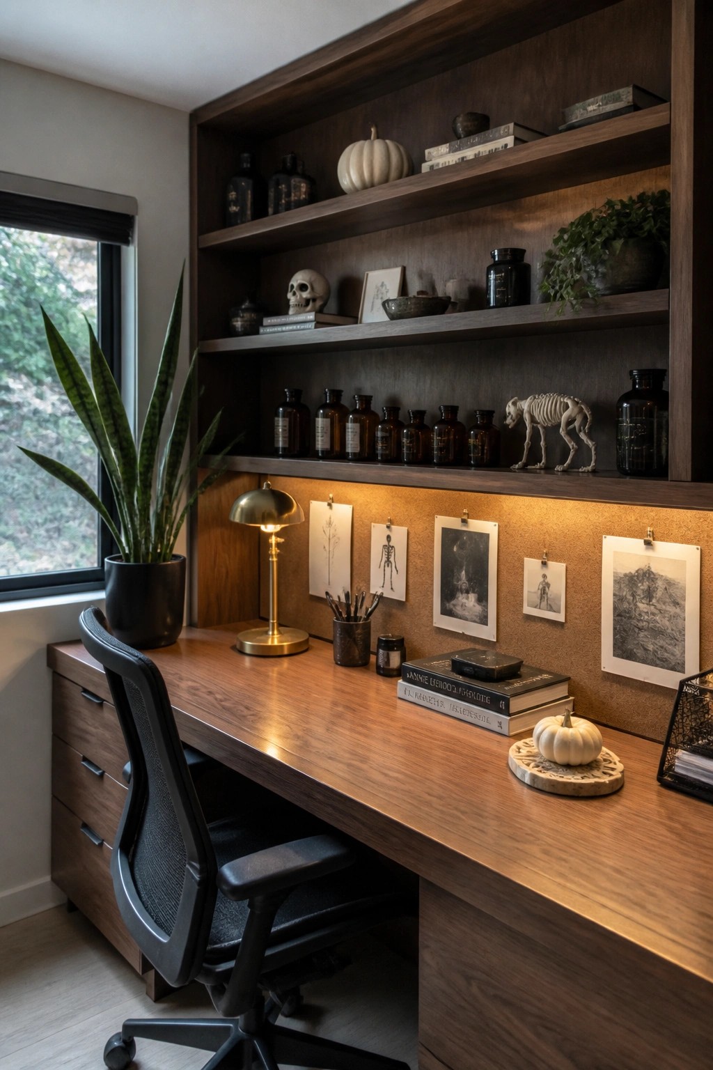 Modern wooden desk with black chair, lit corkboard, amber bottles, and decorative shelves.