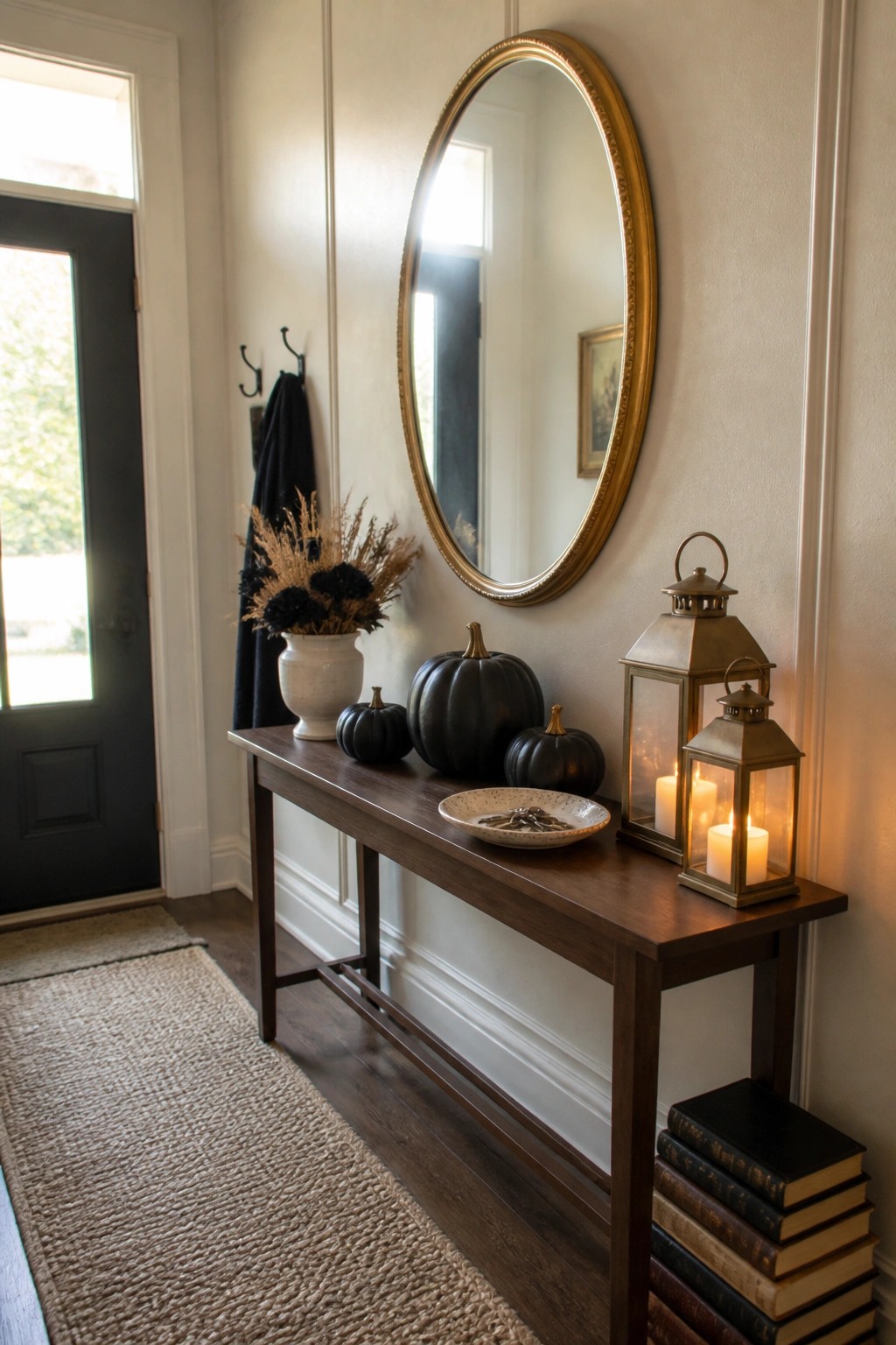 Wooden console table with black pumpkins, lit lanterns, gold mirror, and stacked books in entryway