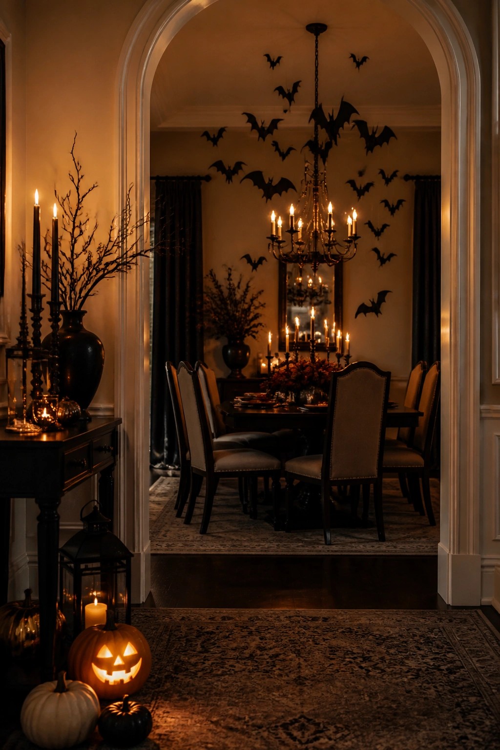 Dining room viewed through an arch with black bats arranged on the wall above a chandelier and set table.
