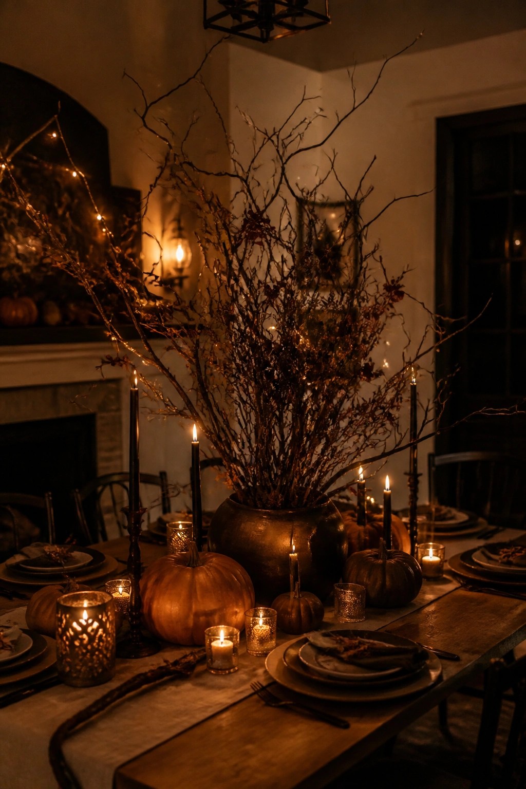 A long wooden dining table with a large dark vase holding bare branches, black taper candles, and small pumpkins arranged as a Halloween centerpiece.