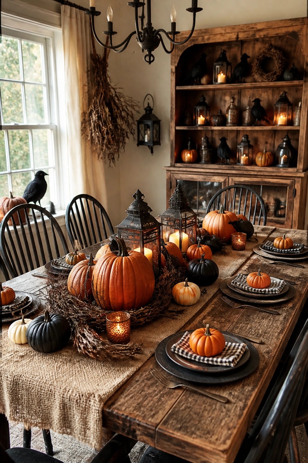 Rustic dining table decorated with orange and black pumpkins, black lanterns, and crows arranged along a burlap runner.