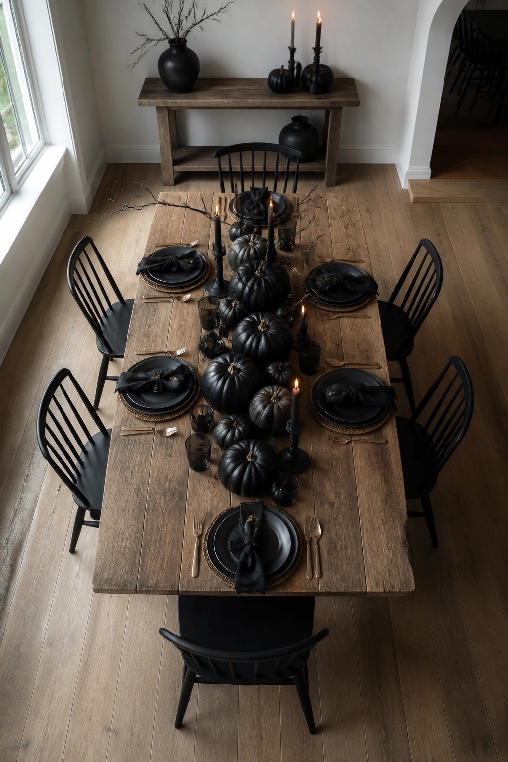 Overhead view of a wooden dining table styled with black pumpkins, black taper candles, black plates, and dark branches for a Halloween tablescape.