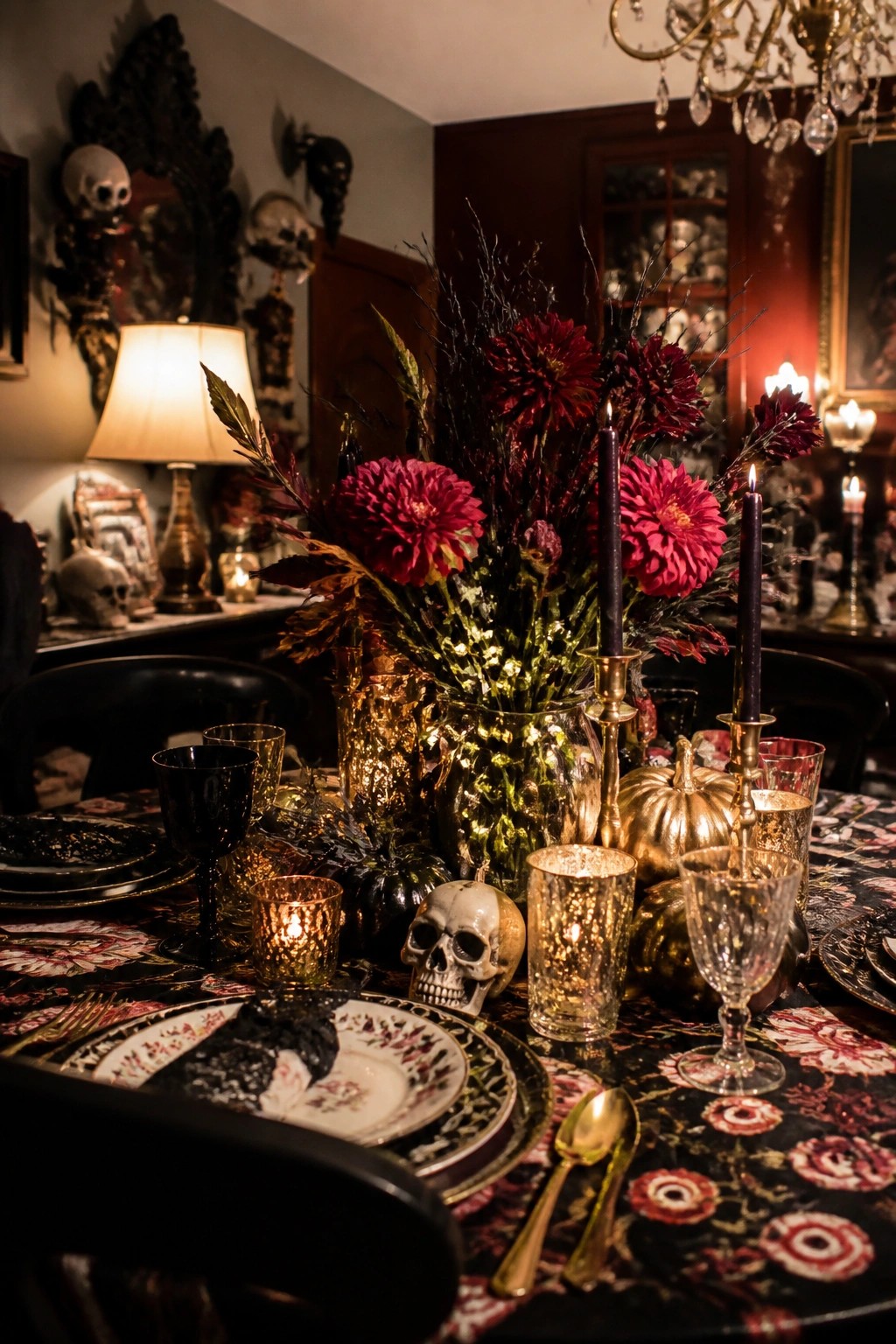 Dining table set with black and gold plates, black candles, skulls, and dark red flowers as the main centerpiece.
