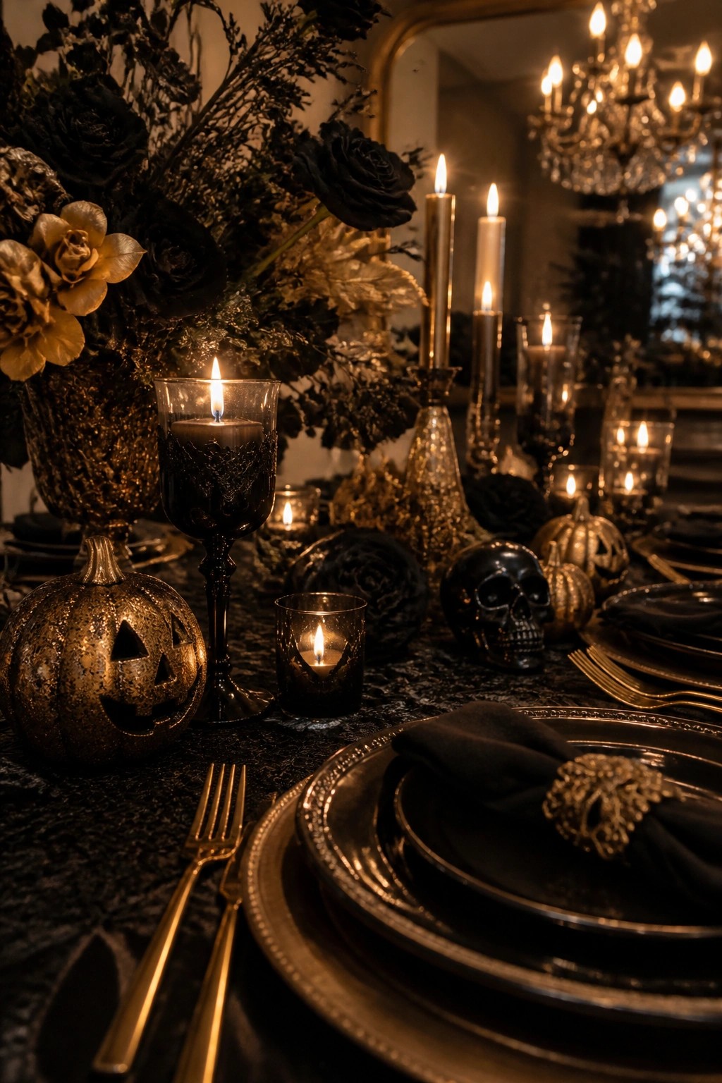 A formal dining table decorated for Halloween with black plates, gold cutlery, dark roses, metallic carved pumpkins, and skulls along the center.